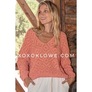 POL Coral Chenille Honeycomb V Neck Sweater Relaxed Fit